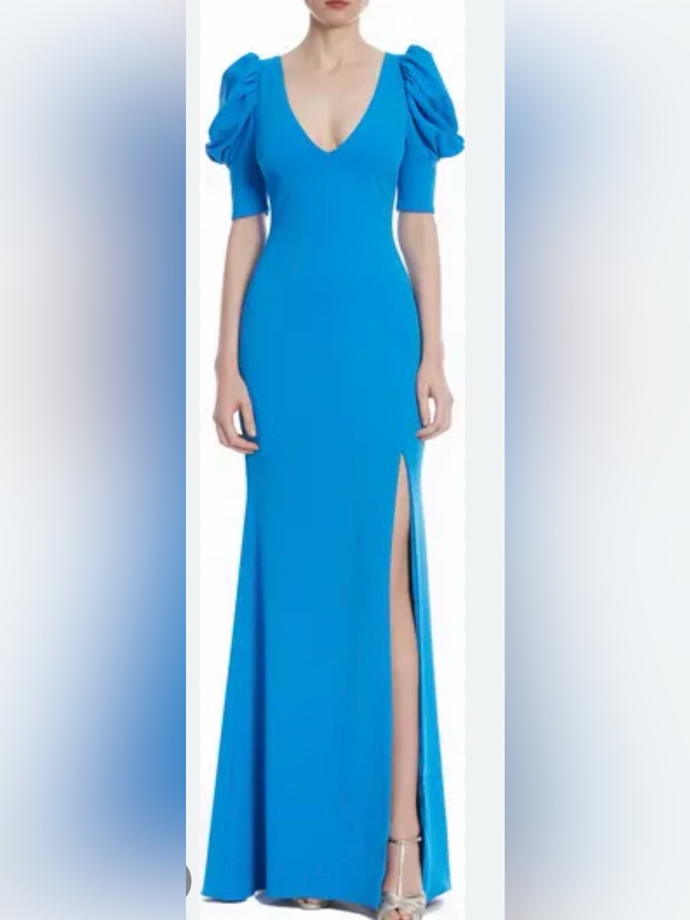 Badgley Mischka Turquoise V-Neck Maxi Dress with Puff Sleeves